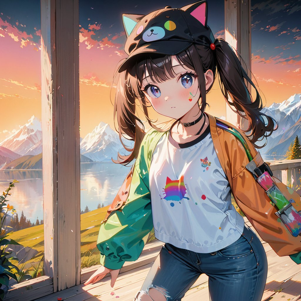 (masterpiece:1.2, best quality), (real picture, intricate details), raytracing, detailed face, cat hat, twintails, brown hair, paint lanscape, colorful, over shoulder jacket, torn tanktop, jeans,,ulzzang-6500-v1.1, <lora:girlhandfix:0.3>