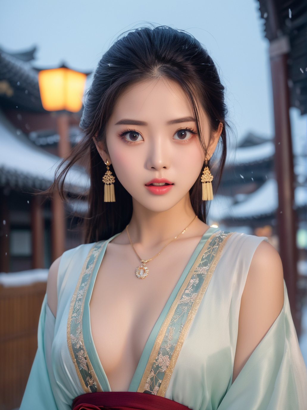 18 y.o chinese girl,(highly clear face,very cute,Extremely cure beauty,Sexy self-confidence,proud and independent,Clear perfect eyes,phenomenal aesthetic,Amazing photos),street at night,(wind:1.2),heavy snow,(surprised look:1.3),surprised expression,32k UHD,(eye close-up:1.5),Realistic,sexy,(smile:0.5),medium breasts,soft backlight,Masterpiece,(pore:1.3),(film grain:1.5),triangular face,(hair pin, earrings, necklace),hanfu,tang style outfits,