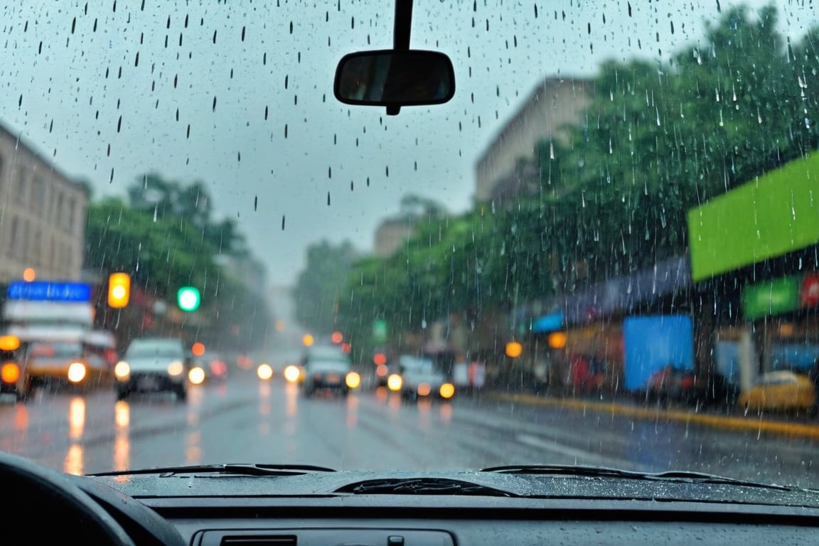 Looking out from inside a car in the city while it's pouring rainVery thick raindrops fall. Ultra-clear,  Ultra-detailed,  ultra-realistic,  Ultra close-up photography,  Distant view. full body shot,<lora:EMS-74471-EMS:0.400000>,<lora:EMS-57135-EMS:0.400000>,<lora:EMS-24184-EMS:0.800000>