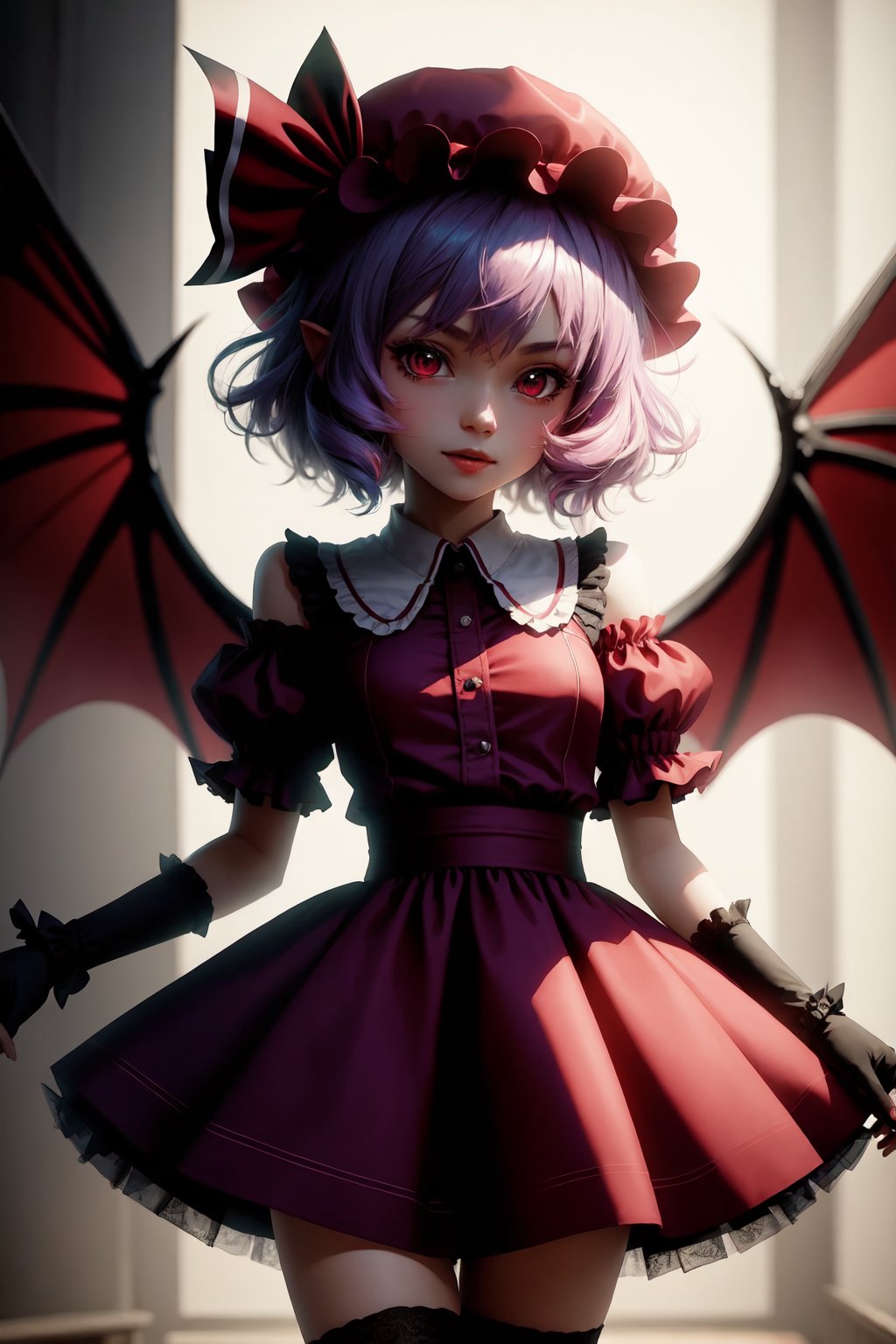 remilia_scarlet,solo,1girl,bat_wings,looking_at_viewer,mob_cap,puffy_short_sleeves,hat_ribbon<lora:remilia_scarlet:1>,simple background,white backgroundmasterpiece,best quality, highly detailed, 