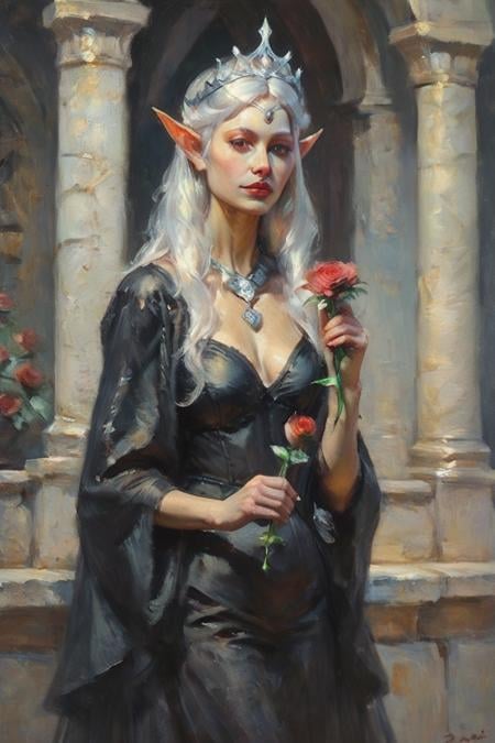 score_9, score_8_up, score_7_up, oil painting, traditional media, realistic, 1girl, solo, elf, pointy ears, breasts, long hair, very long hair, white hair, green eyes, portrait, looking at viewer, black dress, tiara, silver tiara, holding, holding flower, rose, red rose, necklace, jewelry, cowboy shot, standing, outdoors, castle <lora:Impressionism Oil Painting Style LoRA_Pony XL v6:1>