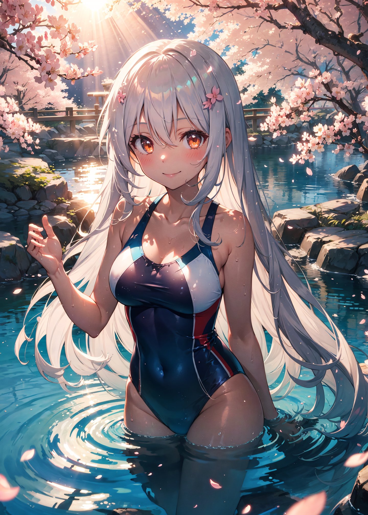 (best quality:1.05), 1girl, outdoors, cherry blossoms, sun rays, lake, dappled sunlight, light particles, light rays, blush, smile, very long hair, white hair, orange eyes, swimsuit, swimming, clear water, water ripple, medium breast,  dynamic lighting, intricate detail,