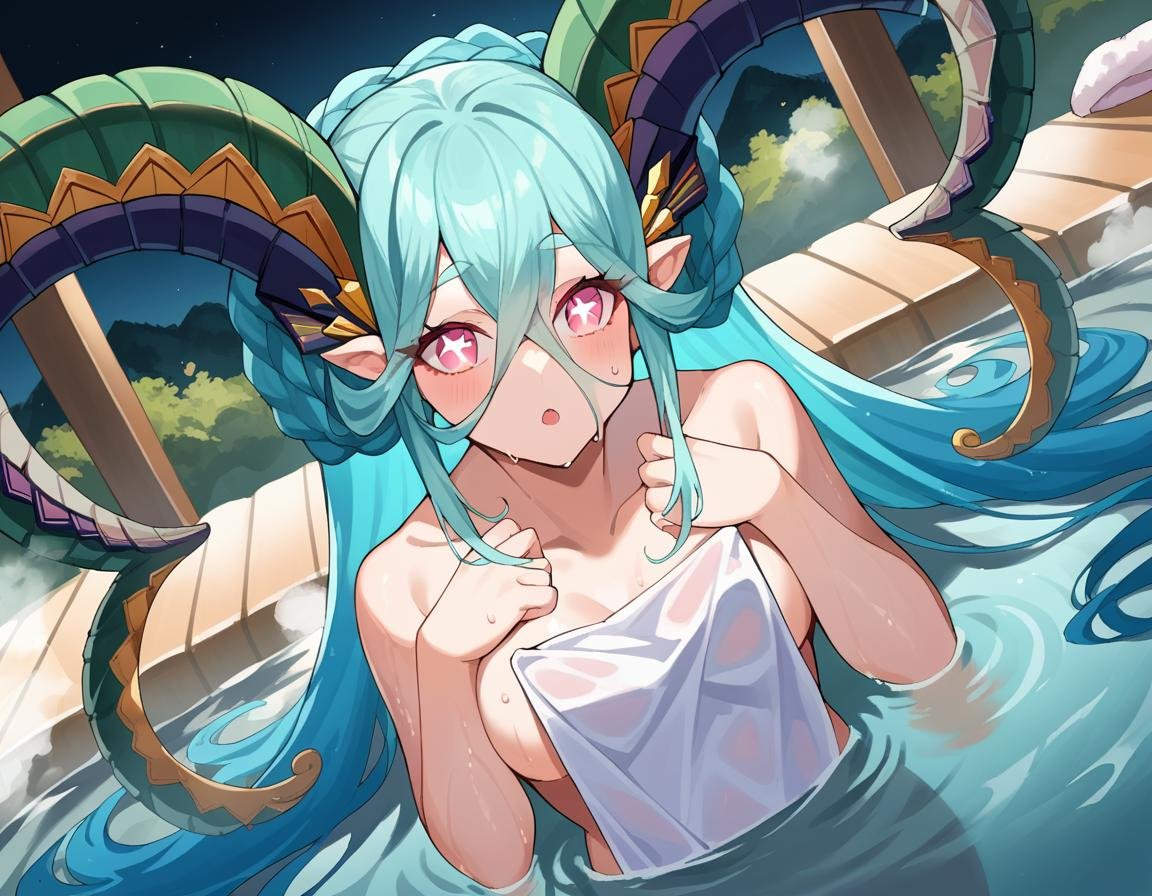 score_9, score_8_up, score_7_up, source_anime,fatetiamat, <lora:fate-tiamat-ponyxl-lora-nochekaiser:1>,tiamat, absurdly long hair, aqua hair, braid, curled horns, gradient hair, horns, long horns, multicolored hair, pink eyes, pointy ears, symbol-shaped pupils, twin braids, x-shaped pupils,nude, naked, outdoors, onsen, towel, naked towel, steam, bathing, nude cover, partially submerged, water, bath, steam censor, wet towel,looking at viewer, cowboy shot, dutch angle,