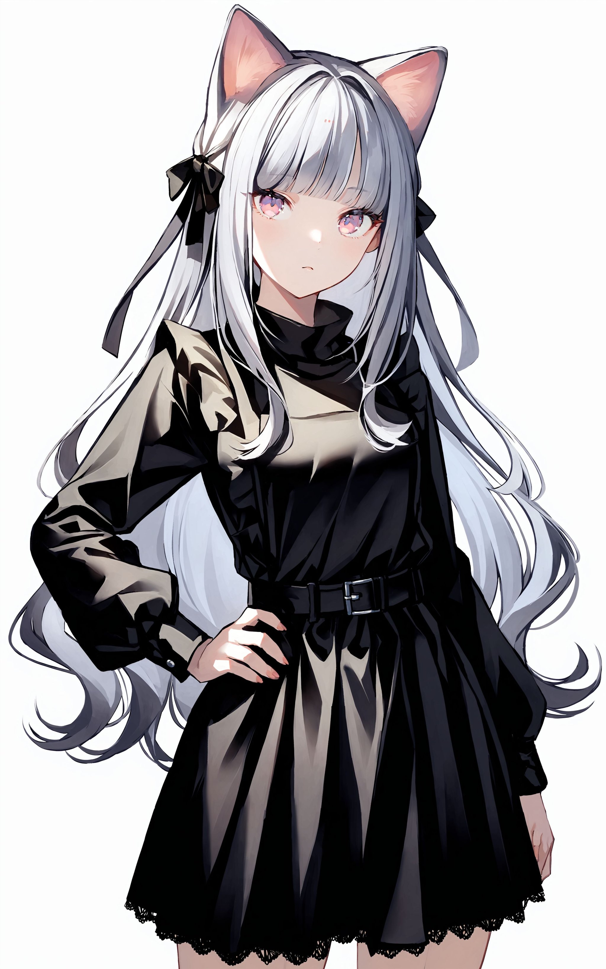 1girl, solo, white hair, belt, long sleeves, long hair, bangs,apron dress, upper body, looking at viewer, cowboy shot,(cat_ears),white background <lora:XLTEST 06:0.75>