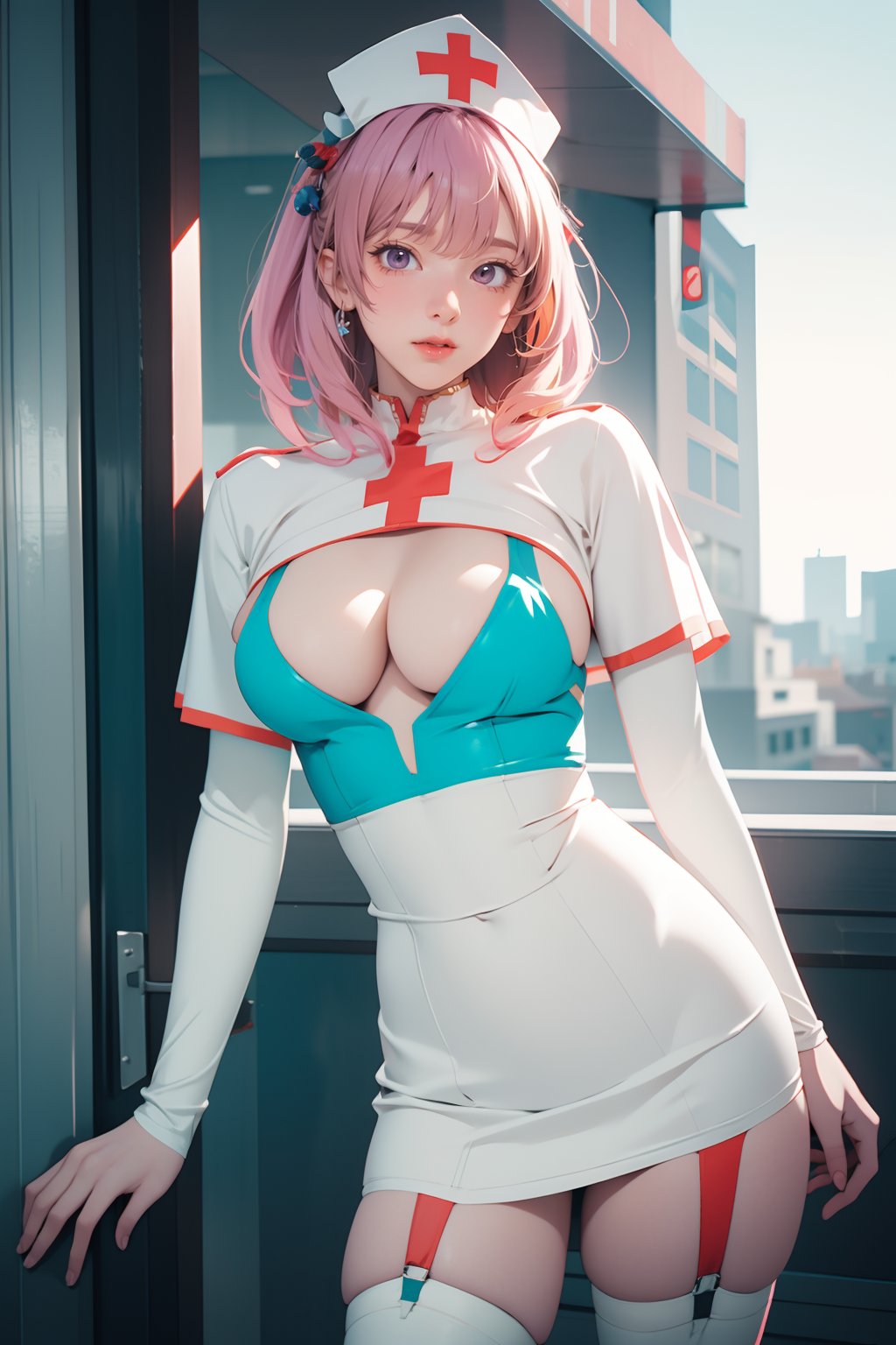 <lora:GoodHands-手beta2:1>,solo,1girl,outdoors,cityscape,standing,cowboy shot,<lora:0401 Cling To Latex_v1:1>,ruanyi0401,nurse cap,short dress,garter straps,white thighhighs,cleavage cutout,capelet,, best quality,masterpiece,highres,official art,extremely detailed cg unity 8k wallpaper