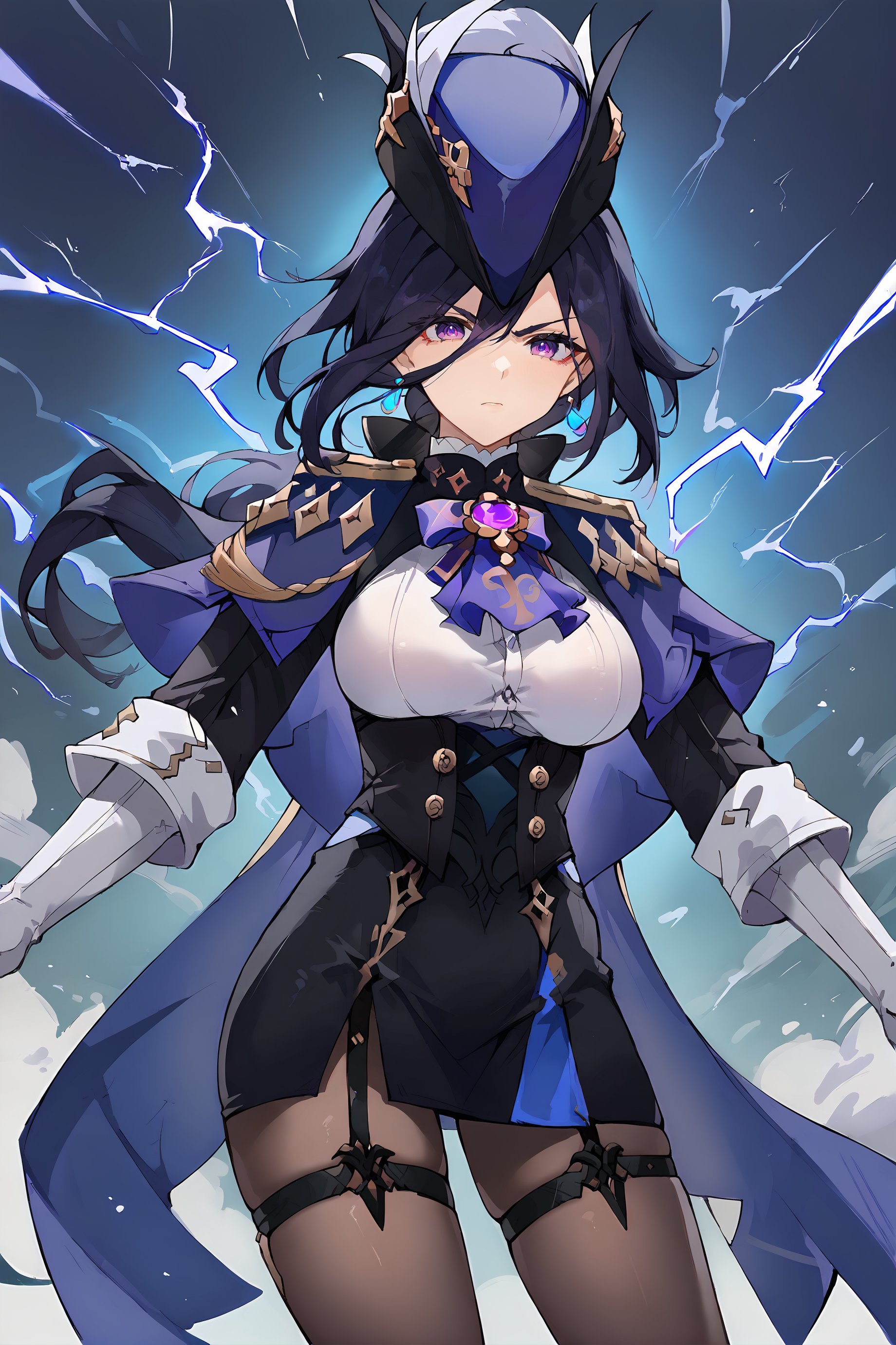 score_9, score_8_up, score_7_up, source anime, 1girl, clorinde \(genshin impact\), tricorne, black pantyhose, earrings, blue cape, white gloves, pencil skirt, white shirt, thigh strap, underbust, ascot, black jacket, depth of field, cowboy shot, lightning, electricity, combat pose, incoming attack, glaring, looking at viewer <lora:Char-Genshin-Clorinde-Pony-V1:0.9>   <lora:mikozin__Blue_archive_style:0.7>