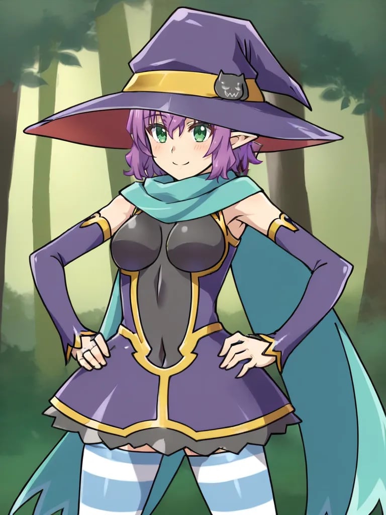 <lora:noelgmeister2pony:0.7>1girl, solo, noelgm2, purple hair, short hair, green eyes, pointy ears, witch hat, dress, detached sleeves, cape, striped thighhighs, standing, forest, hands on hips, smile, cowboy shot,