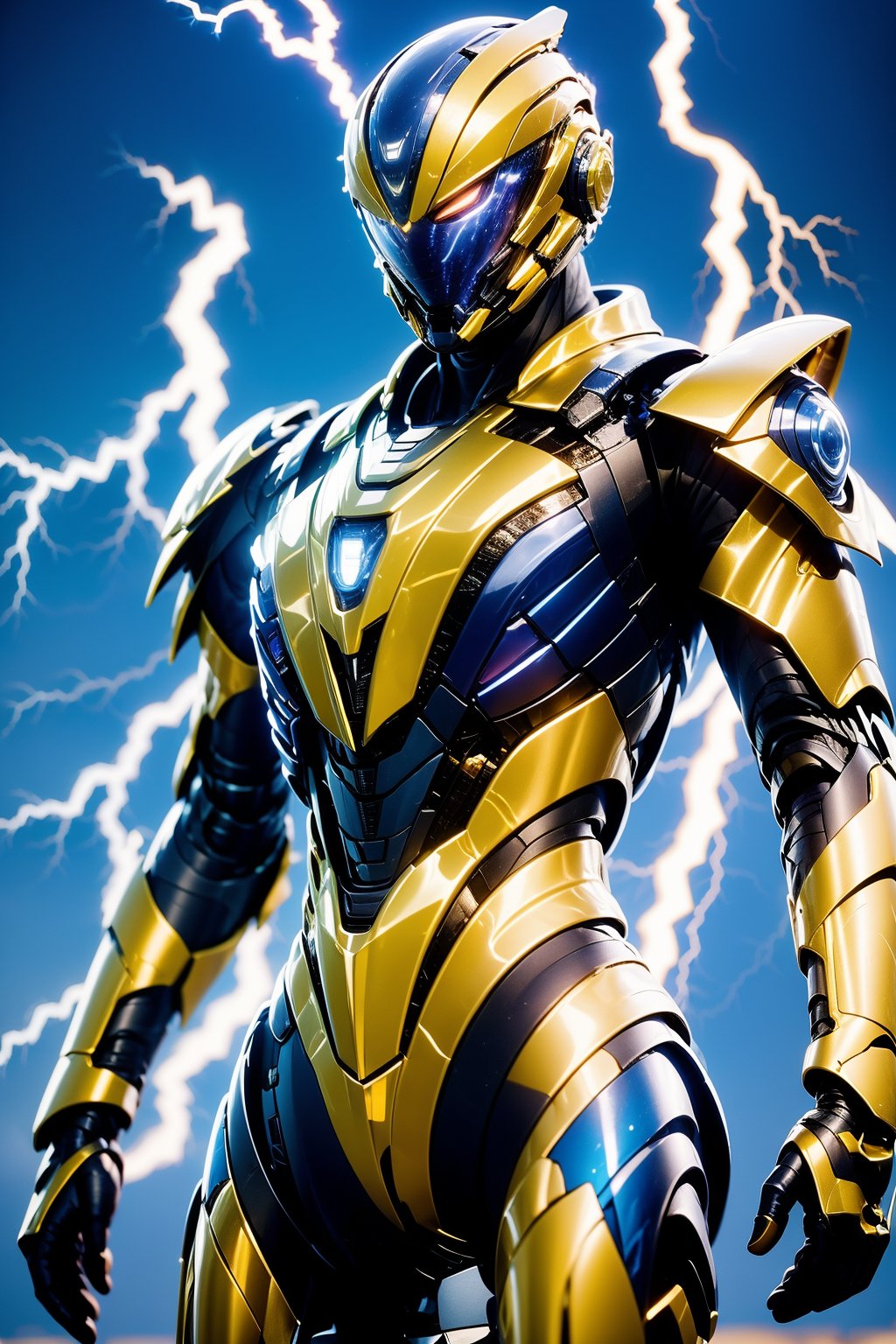 glowing, solo, armor, electricity, glowing eyes, power armor, science fiction, helmet, tokusatsu, male focus, 1boy, lightning, standing, no humans, looking at viewer, blue background, cowboy shot, robot