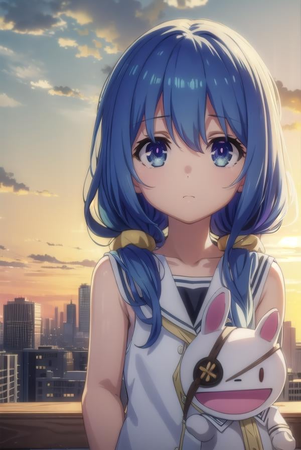 dalyoshino, <lora:dal yoshino s2-lora-nochekaiser:1>,yoshino casual, long hair, blue eyes, twintails, school uniform, blue hair, eyepatch, puppet, hand puppet, serafuku, sleeveless,BREAK ,BREAK outdoors, city, sky, clouds, buildings, sun,BREAK looking at viewer, (cowboy shot:1.5),BREAK <lyco:GoodHands-beta2:1>, (masterpiece:1.2), best quality, high resolution, unity 8k wallpaper, (illustration:0.8), (beautiful detailed eyes:1.6), extremely detailed face, perfect lighting, extremely detailed CG, (perfect hands, perfect anatomy),