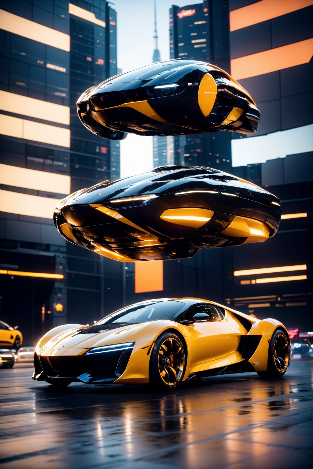 AgainCyberpunk, car, vehicle focus, motor vehicle, no humans, reflection, sports car, city, building, outdoors, sky, science fiction, realistic, scenery, headlight, spoiler \(automobile\), motion blur, night, skyscraper, road, glowing