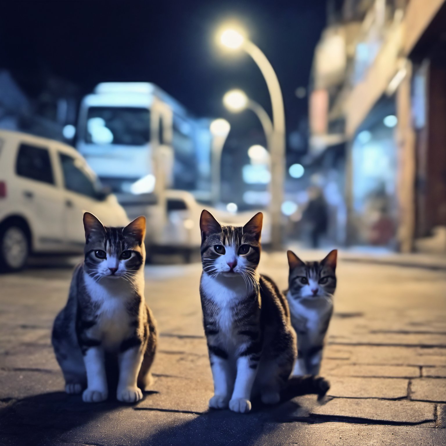 Beautiful Gloomy multiple cats, near Revolting street, at Blue hour, soft focus