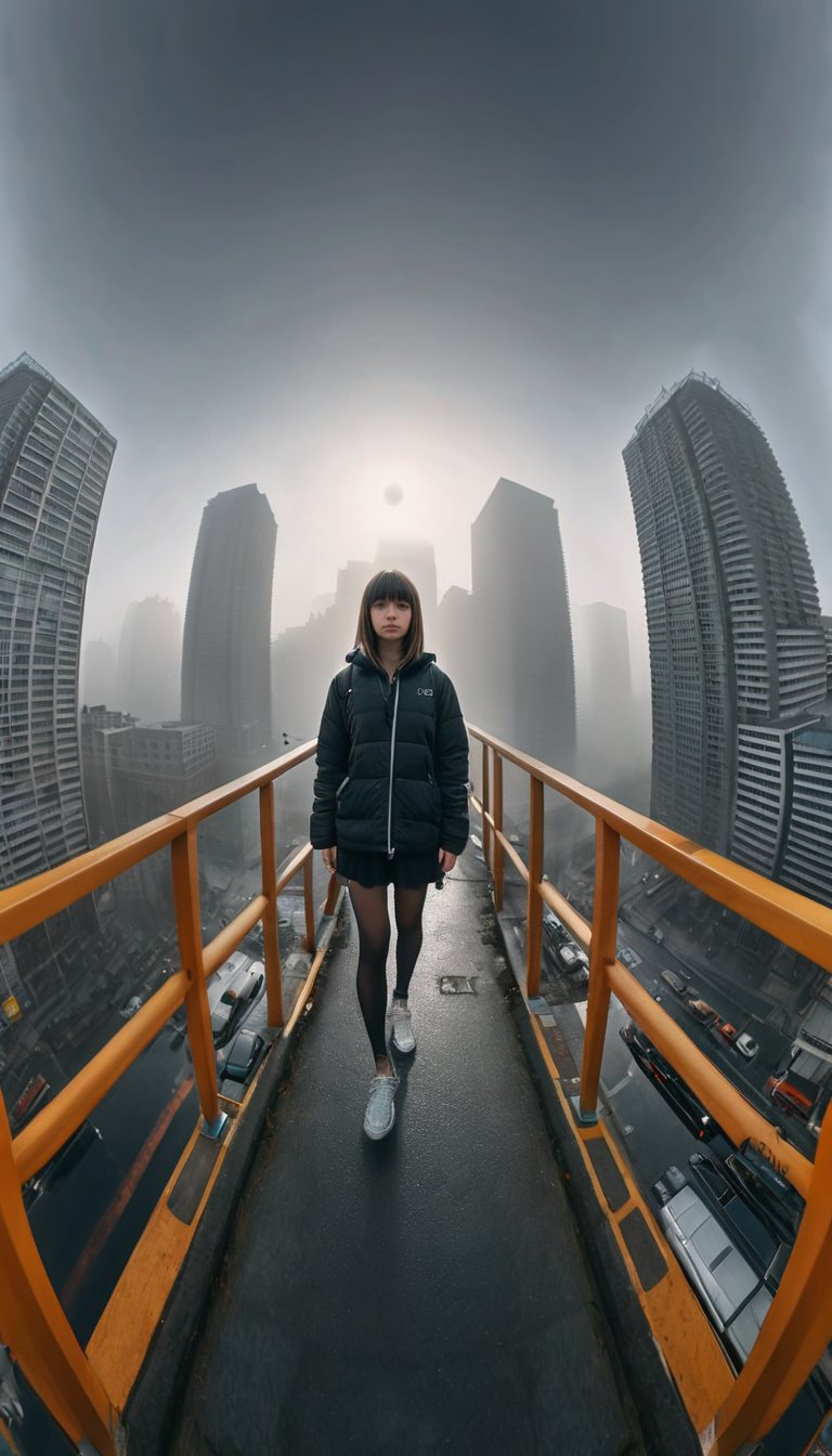 looking at camera,single,full body,street,bottom up,fisheye lens,walking,1girl,blunt bangs,city,cityscape,from_below,highest details,photorealistic,high background details,fog,8k,raytracing,