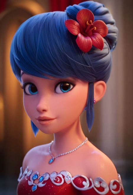 , score_9, score_8_up, score_7_up, score_6_up, score_5_up, marinette, blue hair, blue eyes, top knot bun, red flower on hair, red dress, depth of field, upper body, looking at viewer, in palace, 