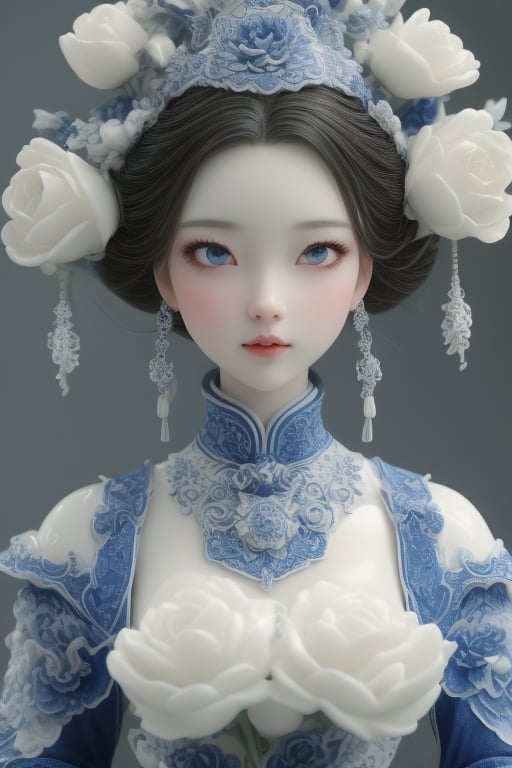 <lora:qinghuaci-000004:0.9>,HDR,UHD,8K,Highly detailed,best quality,masterpiece,qinghuaci,1girl,solo,jewelry,earrings,blue eyes,flower,breasts,looking at viewer,black hair,hair ornament,cleavage,hair flower,hair bun,floral print,white flower,parted lips,upper body,realistic,lips,chinese clothes,double bun,dress,medium breasts,rose,bangs,eyelashes,gradient background,gem,nose,grey background,white rose,gradient,parted bangs,portrait,detached collar,