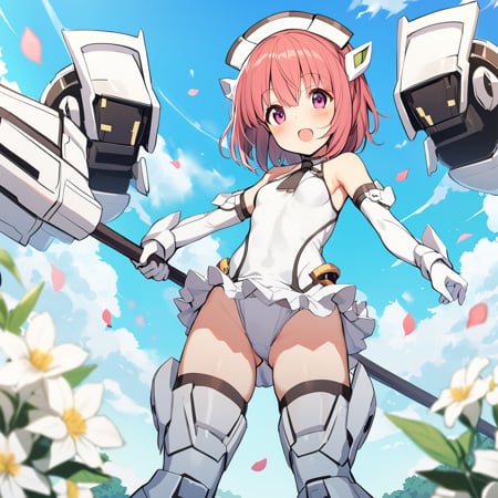 1girl, aikawa aika, white merry, normal gear, alice gear, solo, gloves, open mouth, elbow gloves, short hair, white gloves, leotard, bare shoulders, holding, small breasts, thighhighs, smile, headgear, looking at viewer, outdoors, purple eyes, petals, day, blush, sky, white leotard, eyebrows visible through hair, white legwear, flower, standing, depth of field, blue sky, mecha musume, hammer, :d, pink eyes, boots, ass visible through thighs, holding hammer, white headwear, hair between eyes, black neckwear, white footwear, thigh boots, halterneck, frilled leotard, detached sleeves, cloud, armor, :o, masterpiece, best quality <lora:aikawa_aika_sdxl_locon_v1:0.7>