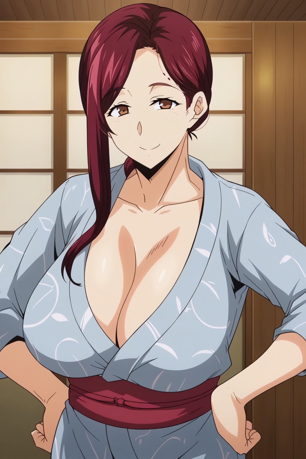 <lora:Etuzan_Jakusui-with-red_hair_woman:1>,wr,1girl,mature female,breasts,brown eyes,long hair,red hair,yukata,cleavage,hands on own hips, cowboy shot, looking at viewer, smile,indoors