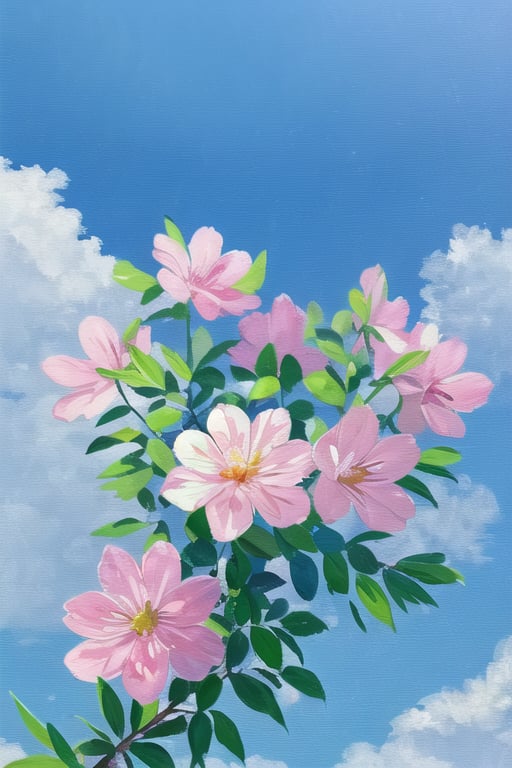 (((masterpiece))),((extremely detailed CG unity 8k wallpaper)),best quality,high resolution illustration,Amazing,highres,intricate detail,(best illumination, best shadow, an extremely delicate and beautiful),acrylic painting,no humans,flower,sky,white flower,cloud,blue sky,leaf,outdoors,day,plant,scenery,still life,pink flower,cloudy sky,<lora:acrylic_painting:0.8>,<lora:hatsunemiku1:0.7>,