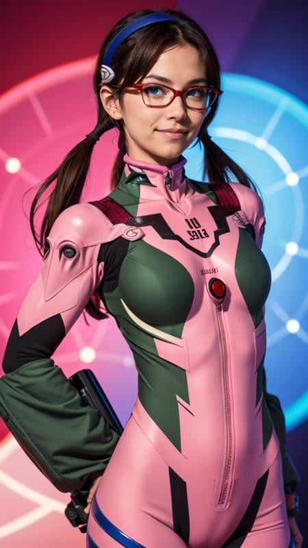 (best quality, masterpiece, colorful, highest detailed), (photorealistic:1.2), raw photo,(makinami_mari)<lora:makinami_mari_illustrious:1>(evangelion) upper body photo, fashion photography of 1girl (makinami_mari), wearing ((full pink)) evangelion full pink suit (high resolution textures), narrow red glasses, bangs, big_blue_eyes, bodysuit, breasts, cowboy_shot, narrow_red_glasses, hairband, light_smile, dark_brown_long_hair, looking_at_viewer, low_twintails, makinami_mari_illustrious, pilot_suit, green_bodysuit, plugsuit, dark_brown_hair, shiny, shiny_clothes, simple_background, skinny, solo, makinami_mari, standing, turtleneck, twintails, (high resolution textures), in dynamic pose, (intricate details), detailed, light passing through hair, splash art flat background,(official art)