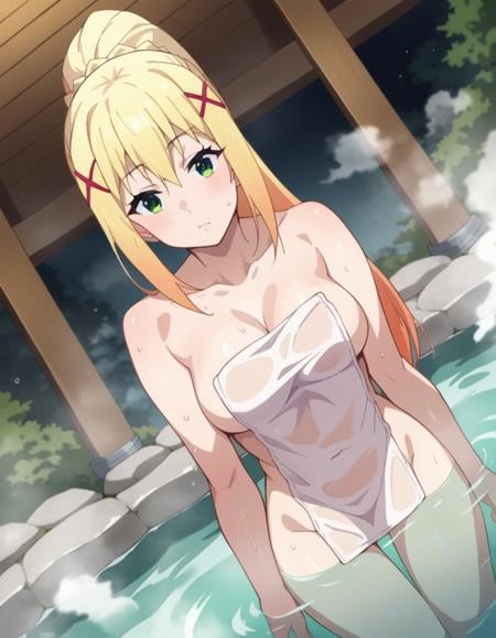 score_9, score_8_up, score_7_up, source_anime,lalatinadustinessford, <lora:lalatina-dustiness-ford-s2-ponyxl-lora-nochekaiser:1>,darkness \(konosuba\), long hair, green eyes, blonde hair, hair ornament, ponytail, braid, x hair ornament,nude, naked,outdoors, onsen, towel, naked towel, steam, bathing, nude cover, partially submerged, water, bath, steam censor, wet towel,looking at viewer, dutch angle, cowboy shot,