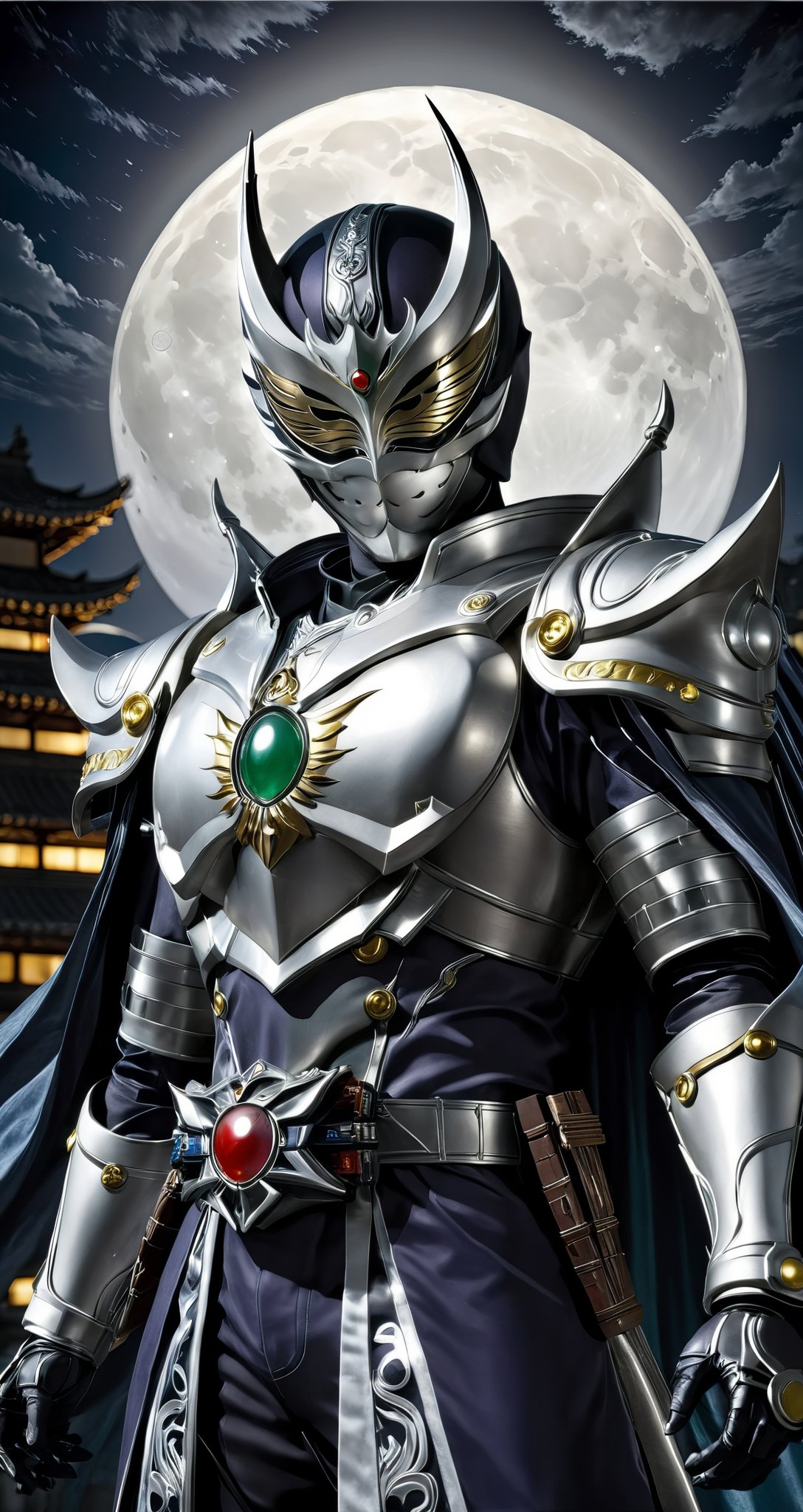 Kamen rider style, the mask guardian under the moonlight, wearing a moonlit war robe and a silver mask, quietly guarding the peace of the city. His figure looms in the night, and every appearance is accompanied by the light of justice, dispelling the darkness and guarding the light.