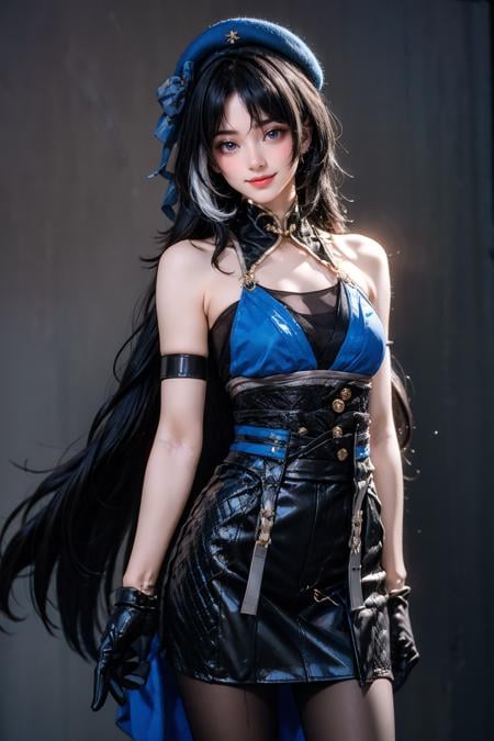 cowboy shot,1girl,solo,smile,looking at viewer,standing,yangyang cosplay costume,yangyang,cosplay,black hair,long hair,multicolored hair,white hair,dress,hat,bare shoulders,detached collar,single glove,arm strap,gloves,pantyhose,black pantyhose,<lora:WutheringWaves_Yangyang_cosplay_costume_v1:0.7>,