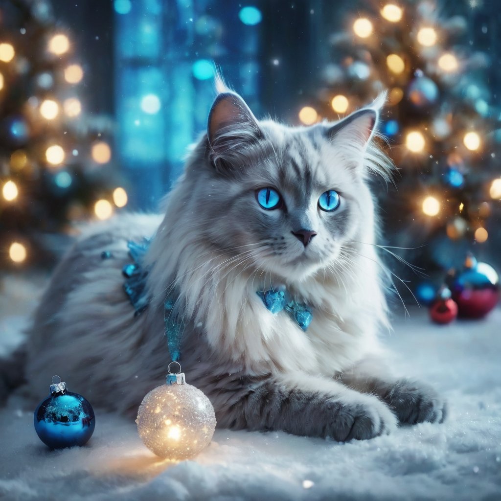 poakl christmas style,animal, (flourescent blue theme), iridescent aura, ragdoll cat, stup1dantl3rs, fake antlers, snowing, high quality,best quality, highres, high detail, masterpiece, best quality,<lora:poaklSDXLchristmas-000008:0.6>,