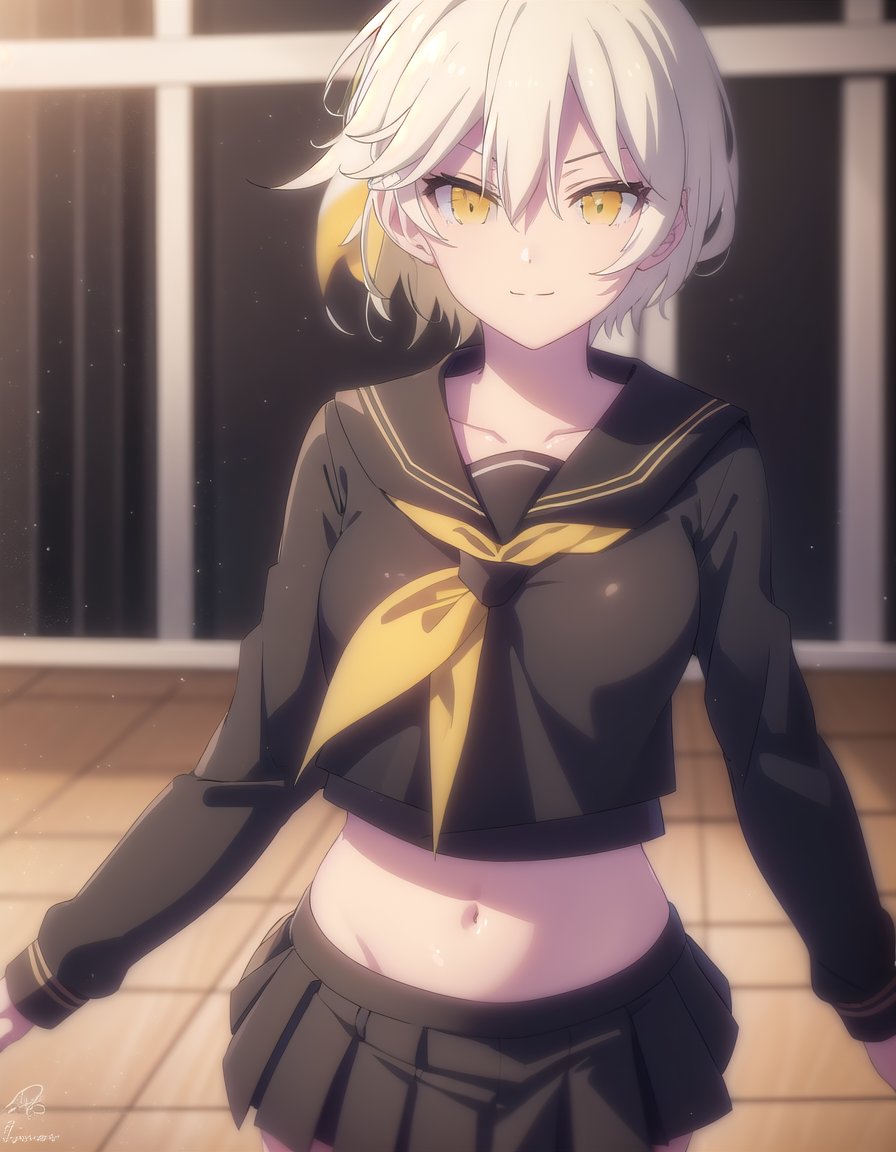 skmiyabi, <lora:sk miyabi s1-lora-nochekaiser:1>,miyabi, bangs, hair between eyes, (yellow eyes:1.3), white hair,BREAK skirt, shirt, long sleeves, navel, school uniform, pantyhose, pleated skirt, necktie, serafuku, midriff, black skirt, sailor collar, black shirt, black sailor collar, (black serafuku:1.2),BREAK indoors, classroom,BREAK looking at viewer, (cowboy shot:1.5), smile,BREAK <lyco:GoodHands-beta2:1>, (masterpiece:1.2), best quality, high resolution, unity 8k wallpaper, (illustration:0.8), (beautiful detailed eyes:1.6), extremely detailed face, perfect lighting, extremely detailed CG, (perfect hands, perfect anatomy),