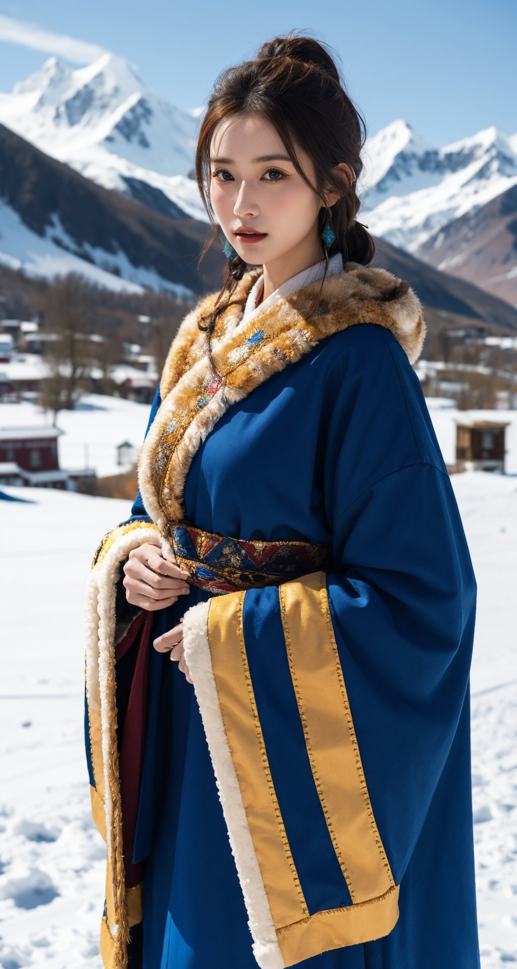 solo,1girl,(fur trim:1.2),look at the viewer,(traditional clothes:1.2),outdoors,sky,brown hair,cloud,long sleeves,blurry,fur clothes,blurry background,(wide sleeves:1.2),tibetan,red and blue clothes,portrait,bust,national costume,tibetan clothing,snow mountain,<lora:LH_ZF:0.5>,