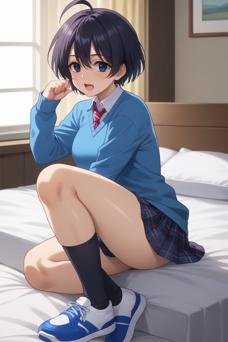 Highly detailed, High Quality, masterpiece, beautiful, BREAK 1girl, solo, (young woman, 16 years old), niki ookuma, short hair, black hair, ahoge, (black eyes:1.3), (detailed eyes, perfect eyes, pupils), BREAK mini skirt, school uniform, necktie, shoes, socks, (skyblue sweater:1.5), plaid skirt, black socks, sneakers, tie inside sweatshirt,BREAK curtains, bed, Open window, sunriseBREAK sitting in bed, looking_back, open_mouth, from_behind, upper_body, Motion Blur<lora:EMS-397136-EMS:0.300000>, <lora:EMS-409892-EMS:0.800000>