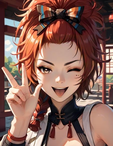 score_9, score_8_up, score_7_up, ch1x1a,rating_safe,source_anime,solo, tongue, wink, smile,open mouth, looking at viewer, one eye closed, e v sign, official_costume, fantasy background, east asian architecture, <lora:Chixia_Wuthering_waves_v2:0.9>