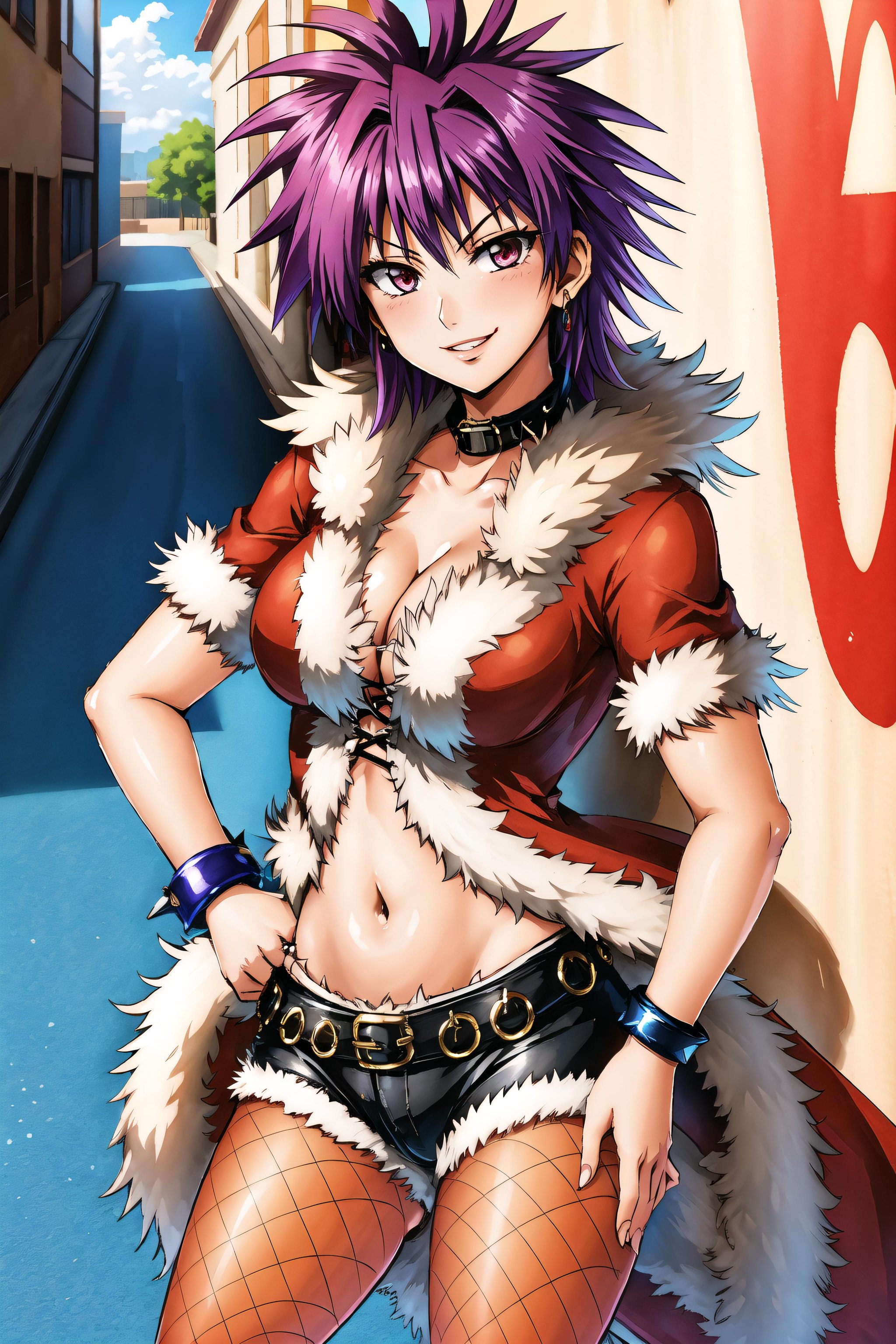 <lora:rogueRoV1.7-000005:0.92>, rogueRO, fishnet legwear, red fur coat, shoes, midriff, collar, black shorts, bangle, armlet, navel, spiked hair, purple hair, orange eye,1girl,smirk, smug, lipstick,  parted lips,looking at viewer, hand on hip, pointing at viewer,upper body, cowboy shot,standing,outdoor, blue sky, alleyway, stone floor, graffiti, graffiti art on an alley wall,