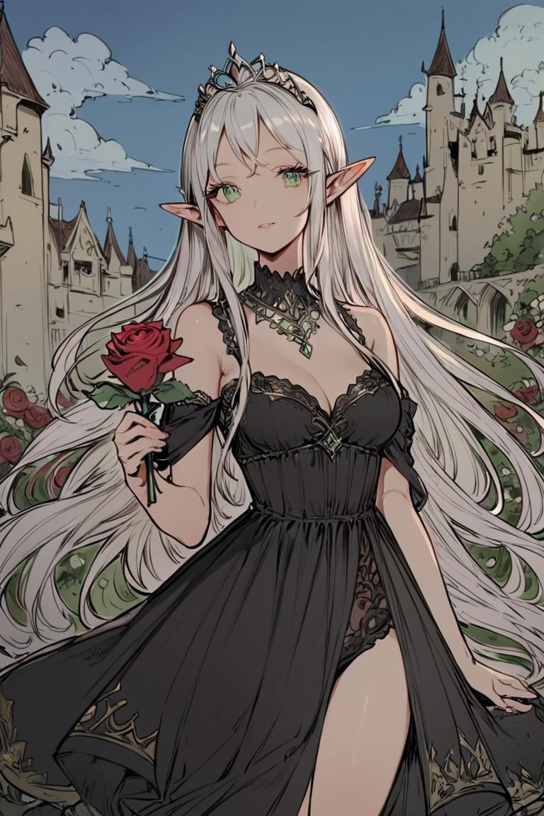 score_9, score_8_up, score_7_up, rating_safe, flat color, 1girl, solo, elf, pointy ears, breasts, long hair, very long hair, white hair, green eyes, portrait, looking at viewer, black dress, tiara, silver tiara, holding, holding flower, rose, red rose, necklace, jewelry, cowboy shot, standing, outdoors, castle <lora:LineArt Mono Style LoRA_Pony XL v6:1>