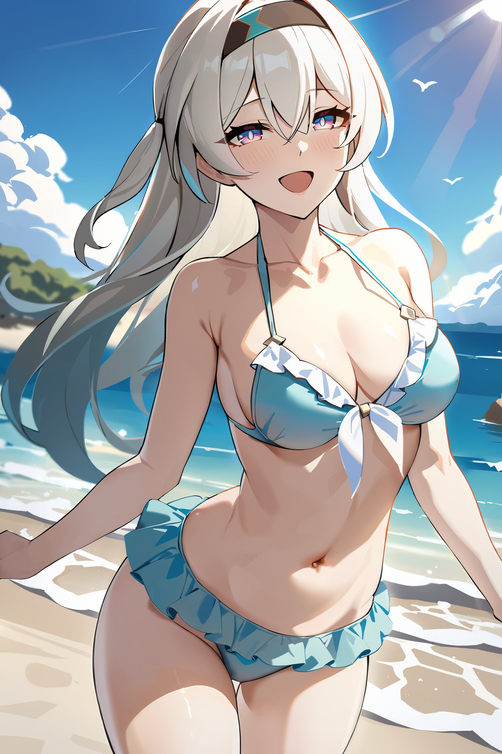 1girl, firefly \(honkai: star rail\), hairband, frilled bikini, cowboy shot, looking at viewer, beach, ocean, sunlight, blue sky, depth of field, laughing , masterpiece, best quality, high quality, highres, ultra-detailed, <lora:Char-HonkaiSR-Firefly-XL-V1:0.9>