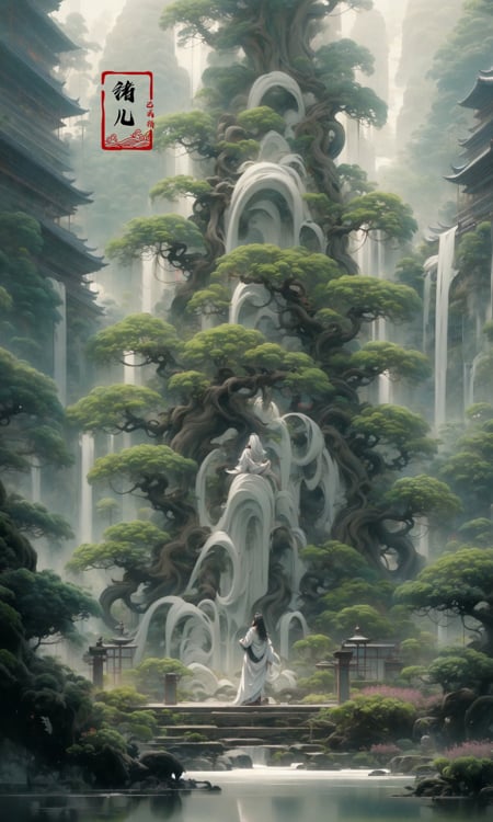 an painting in a style of oriental painting, in the style of matte painting, layered and atmospheric landscapes, rich and immersive, quiet contemplation, dark white and green, history painting, zen-inspired, grandeur of scale，highly detailed, dynamic, cinematic, stunning, realistic lighting and shading, vivid, vibrant, 8k,octane render, unreal engine, very detailed, concept art, realistic, Cry engine, wide shot，1 girl，very long hair，white hair，(upper body:1.0)，<lora:绪儿-松 pine:0.9>