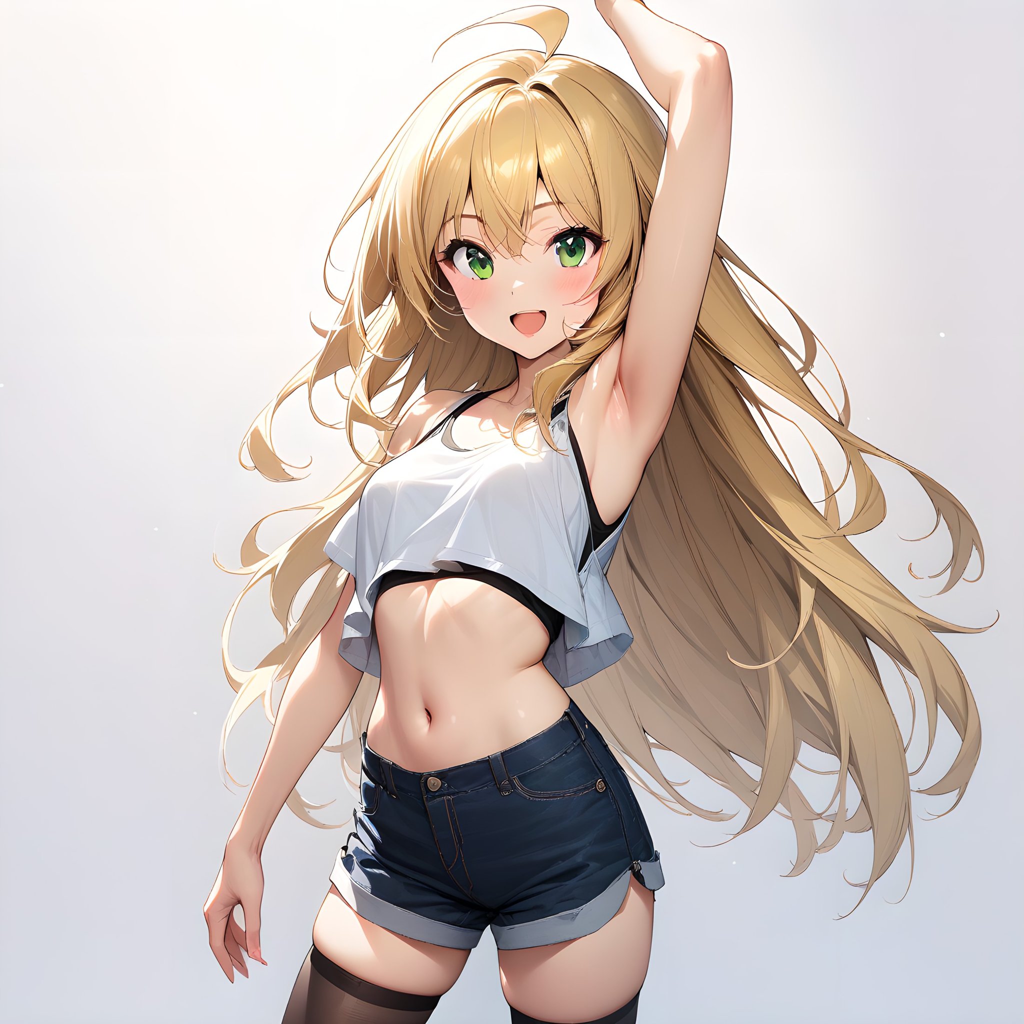 (masterpiece),(best quality),(ultra-detailed),(best illustration),(best shadow),(absurdres),(detailed background),(very aesthetic), hoshii_miki, 1girl, solo, long hair, blonde hair, shorts, green eyes, navel, open mouth, ahoge, white background, midriff, thighhighs, arm up, simple background, armpits, cowboy shot, smile<lora:Hoshii_Miki:1>