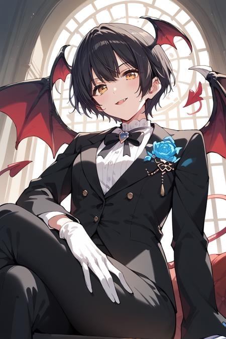 score_9, score_8_up, score_7_up, score_6_up, 1girl,<lora:Miyake_Aoi:0.9> aoi, black hair, short hair, black suit, white gloves, devil, devil wings, dark magic, sit, low angle,