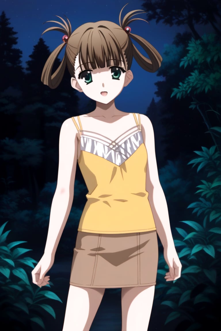 Highly detailed, High Quality, masterpiece, beautiful, 1girl, solo, (feminine focus, young woman, 16 years old), Hikari Kuroda, bangs, brown hair, hair ornament, twintails, green eyes, hair bobbles, hair rings, skirt, camisole, pencil skirt, forest, night, outdoors, looking_at_viewer, standing<lora:EMS-433325-EMS:1.000000>