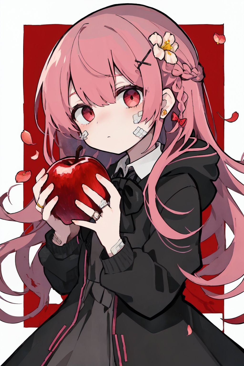 1girl,apple,red eyes,hair ornament,solo,food,long hair,bandaid,fruit,flower,holding,holding food,dress,jewelry,looking at viewer,long sleeves,holding fruit,hairclip,bangs,braid,hair flower,blood,petals,bow,grey dress,x hair ornament,closed mouth,bandaid on face,ring,pink hair,grey jacket,red apple,hair bow,jacket,puffy sleeves,red flower,black dress,black bow,brooch,chibi,so-stylet,bangs,x hair ornament,black jacket,hoodie,upper body,chibi,so-style,