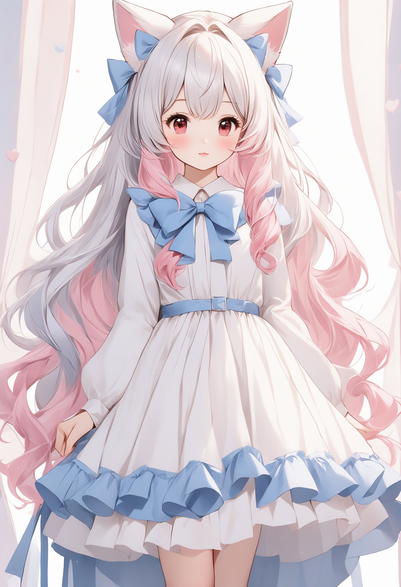 1girl, multiple colored hairs,hair,lovely,cute,posing,whole bodyblue bow,pink animal ears, red eyes, long hair, very long hair, long sleeves, solo, bow, hair between eyes, bangs, white dress, legwear,white hair