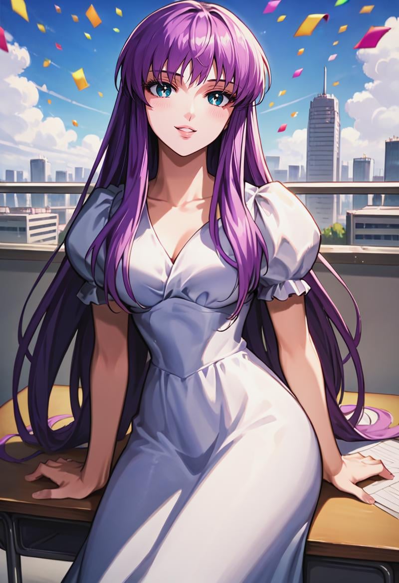 score_9, score_8_up, score_7_up, best quality, intricate details, source anime, rating explicit, BREAKsitting on desk, desk, love gaze, blush, parted lips, light smile, head tilt, athenakido, purple hair, long hair, aqua eyes, dress, puffy sleeves, <lora:SaoriKido_Pony_v02-10:1> confetti, city, blue sky