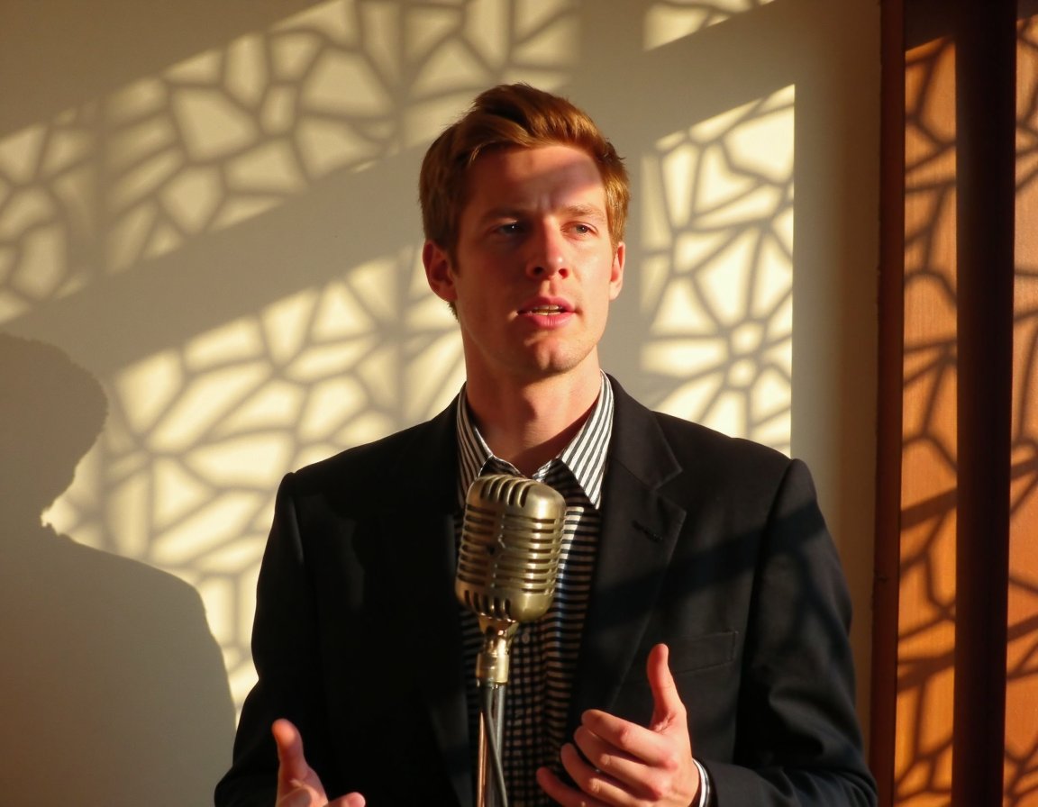 Amateur photography of a young man of European descent, standing in front of a vintage microphone in an indoor setting with intricate shadow patterns cast on a large windowed wall behind him. He has fair skin, a slim build, and neatly styled red hair, wearing a dark blazer over a striped shirt. His expression is calm and focused, with his gaze directed slightly off-camera. He is mid-song, captured in a moment of subtle movement, with both hands partially raised as if gesturing to the rhythm. The background features a soft, diffused light filtering through the window, creating a serene and almost ethereal atmosphere that contrasts with the clarity and detail of the subject’s appearance. The entire scene is rendered with vivid colors and harmonious clarity, where every element, from the fine details of his attire to the intricate patterns in the background, is distinctly visible and evenly illuminated, evoking a nostalgic yet vibrant mood. on flickr in 2007, 2005 blog, 2007 blog <lora:amateurphoto-v3.5-000052:0.8>