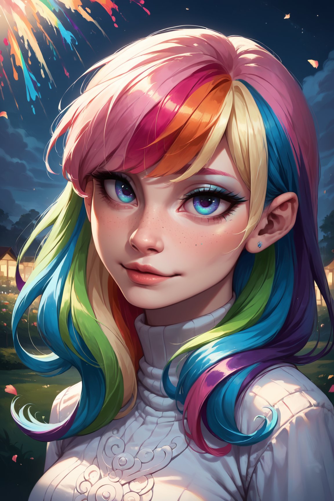 zPDXL2, close-up, portrait, beautiful girl with vivid (rainbow dye, colored hair:1.3), long hair, bangs, at a carnival at night, wearing a white sweater and pants, (score_9, score_8_up, score_7_up, score_6_up, score_5_up, score_4_up, high res, 4k)