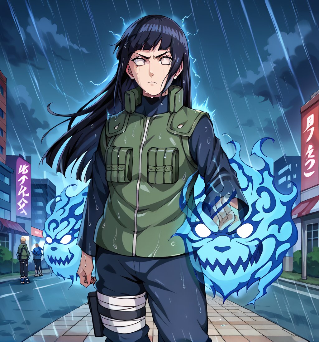 score_9,score_8_up, score_7_up, score_6_up, score_5_up,score_4_up,source_anime,1girl,solo,looking at viewer,serious expression,Hinata Hyuga,long hair,blunt bangs,dark blue hair,light eyes,green jonin vest,turtle neck,dark blue pants,holster,bandage on thigh,bandaged shins,blue sandals,blue energy,aura,juho shoshiken jutsu,blue energy in hands,blue fire,blue fire in hands,midjourney style,wet clothes,wet hair,outdoor,rain:0.8,raindrops,rainy city,raining,storm lightning,puddles,dark sky,dark clouds,storm, cityscape,cinematic scene,anime screencap coloring,anime screengrab,anime flat coloring,rage2,RageModeV4XL<lora:EMS-388724-EMS:1.000000>, <lora:EMS-382652-EMS:0.800000>
