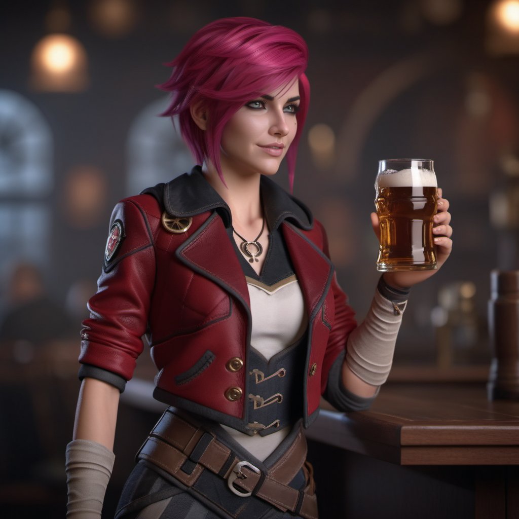 a woman, pink hair, red jacket, having a beer in a pub, steampunk style<lora:Vi1024-V2:0.6>