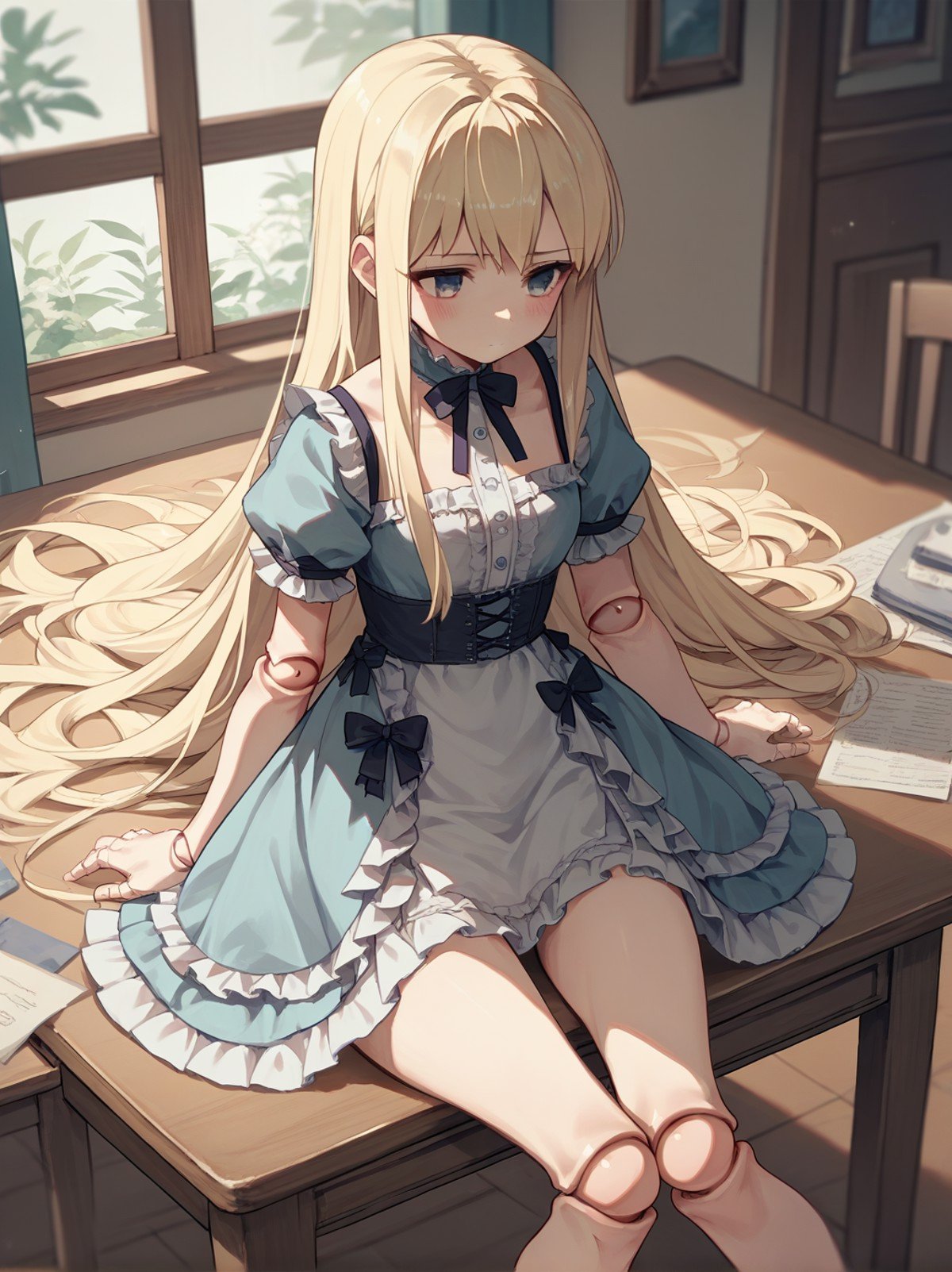 score_9, score_8_up, score_7_up, score_6_up, source_anime, <lora:doll_joints_v0.1-pony:1.0>1girl, blonde hair, long hair, solo,doll joints,frilled dress, pose,indoors, thighs, on table, 