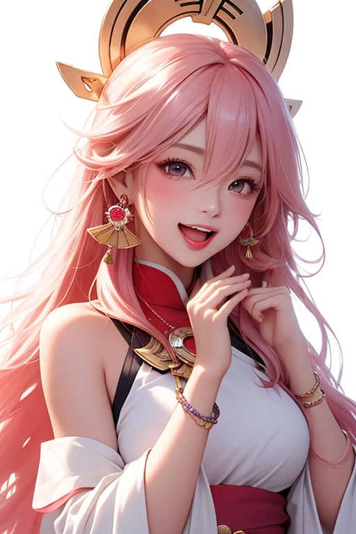 ba shen zi,1girl,pink hair,solo,animal ears,long hair,blush,fox ears,purple eyes,...,jewelry,open mouth,upper body,white background,simple background,bracelet,hair between eyes,bangs,bare shoulders,breasts,earrings,hair ornament,hands up,japanese clothes,cheerful demeanor,radiant smile,bright personality,warm-hearted nature,optimistic outlook,vibrant energy,sun-kissed complexion,joyful laughter,free-spirited,carefree attitude,(outgoing nature:1.2),uplifting presence,playful spirit,(positive vibes:1.2),(lively enthusiasm:1.1),(beaming with happiness:1.3),(natural beauty:1.3),(sunshine in her eyes:1.1),(infectious laughter:1.3),<lora:aki-000002:0.5>,