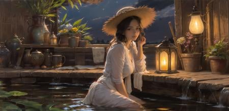 ray tracing,(best quality), ((masterpiece)), (highres), original, extremely detailed 8K wallpaper, (an extremely delicate and beautiful),colorful,((night)),intricate detail,artbook,cinemati clighting,1girl, bird, hat, solo, sitting, water, barefoot, lantern, breasts, long hair, black hair, soaking feet, yellow eyes, straw hat,bamboo leaf <lora:oil_painting-000024:0.9>