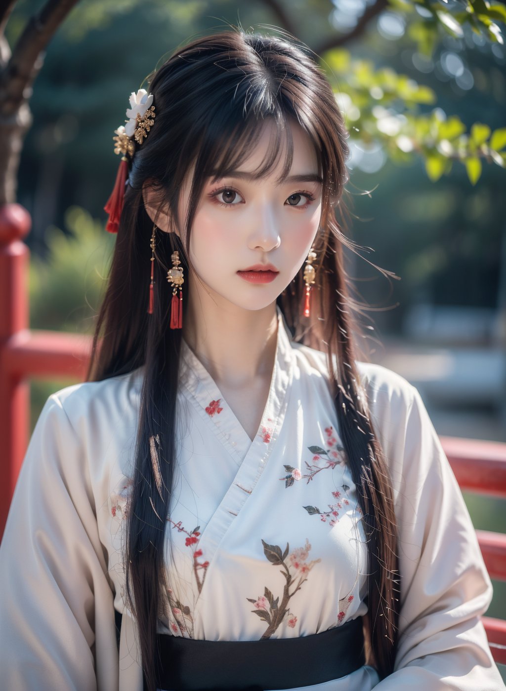 High quality,masterpiece,rich details,realistic photography,8k,high-definition image quality,Fantastic colors,a girl,solo,upper body,body,front,long hair,Delicate facial features,hanfu,chinese clothes,silk,Hair accessories,looking at the audience,9k, <lora:胶片风国潮古风美:1>