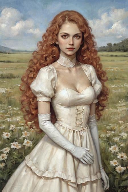 score_9, score_8_up, score_7_up, rating_safe, oil painting, traditional media, realistic, 1girl, solo, long hair, curly hair, wavy hair, orange hair, orange eyes, looking at viewer, breasts, dress, white dress, puffy sleeves, puffy short sleeves, short sleeves, gloves, elbow gloves, white gloves, cowboy shot, closed mouth, standing, outdoors, field, flower, grass, plant, sky <lora:Cold Oil Gothic Style SDXL_LoRA_Pony Diffusion V6 XL:1>