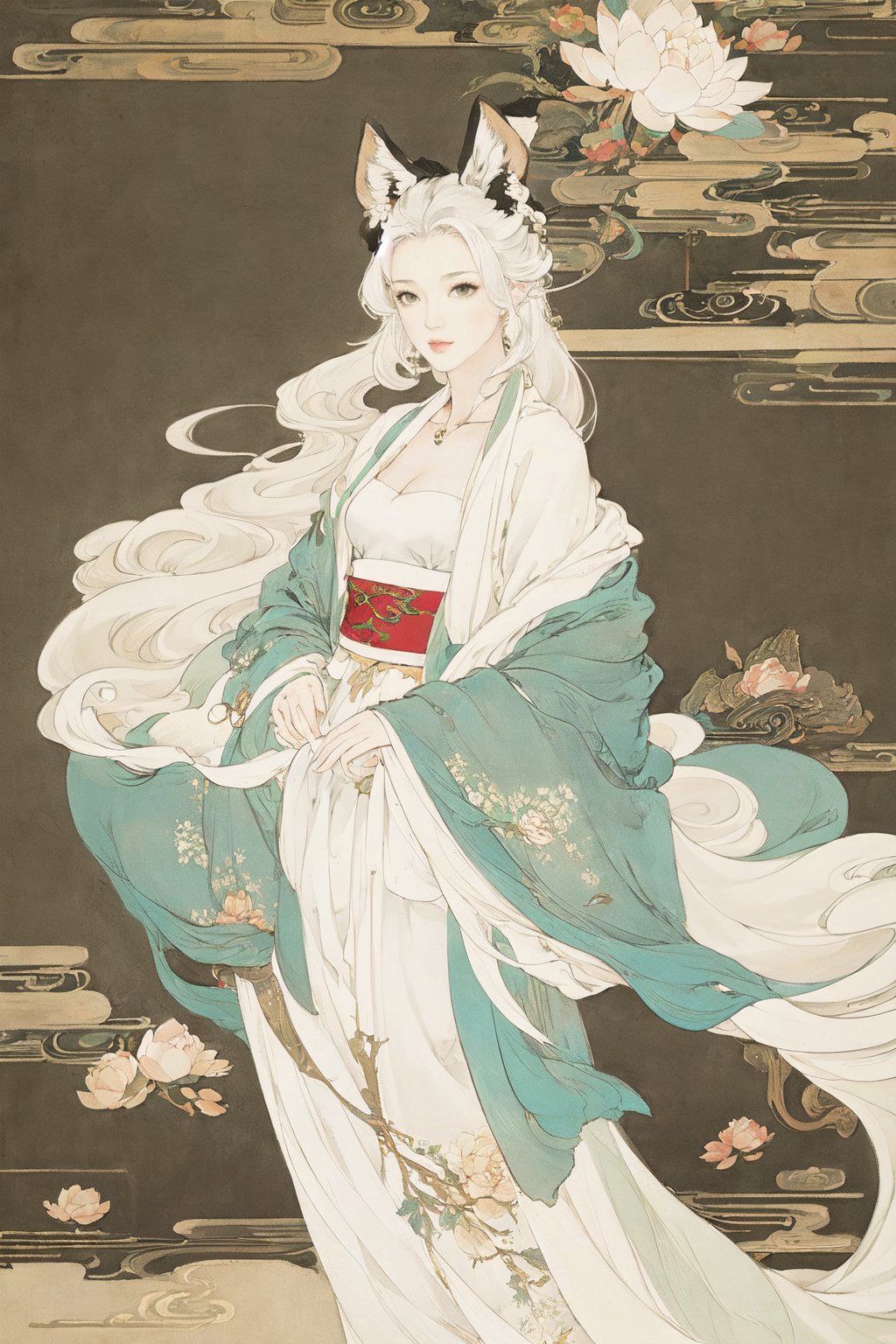 ((4k,masterpiece,best quality)), shuimobysim, traditional chinese ink painting, lotus, hanfu, maxiskit, dress conservatively 1 girl, solo, white hair, long hair, fox ears, white, bikini, fish, many fish near girl, look at viewer, tease